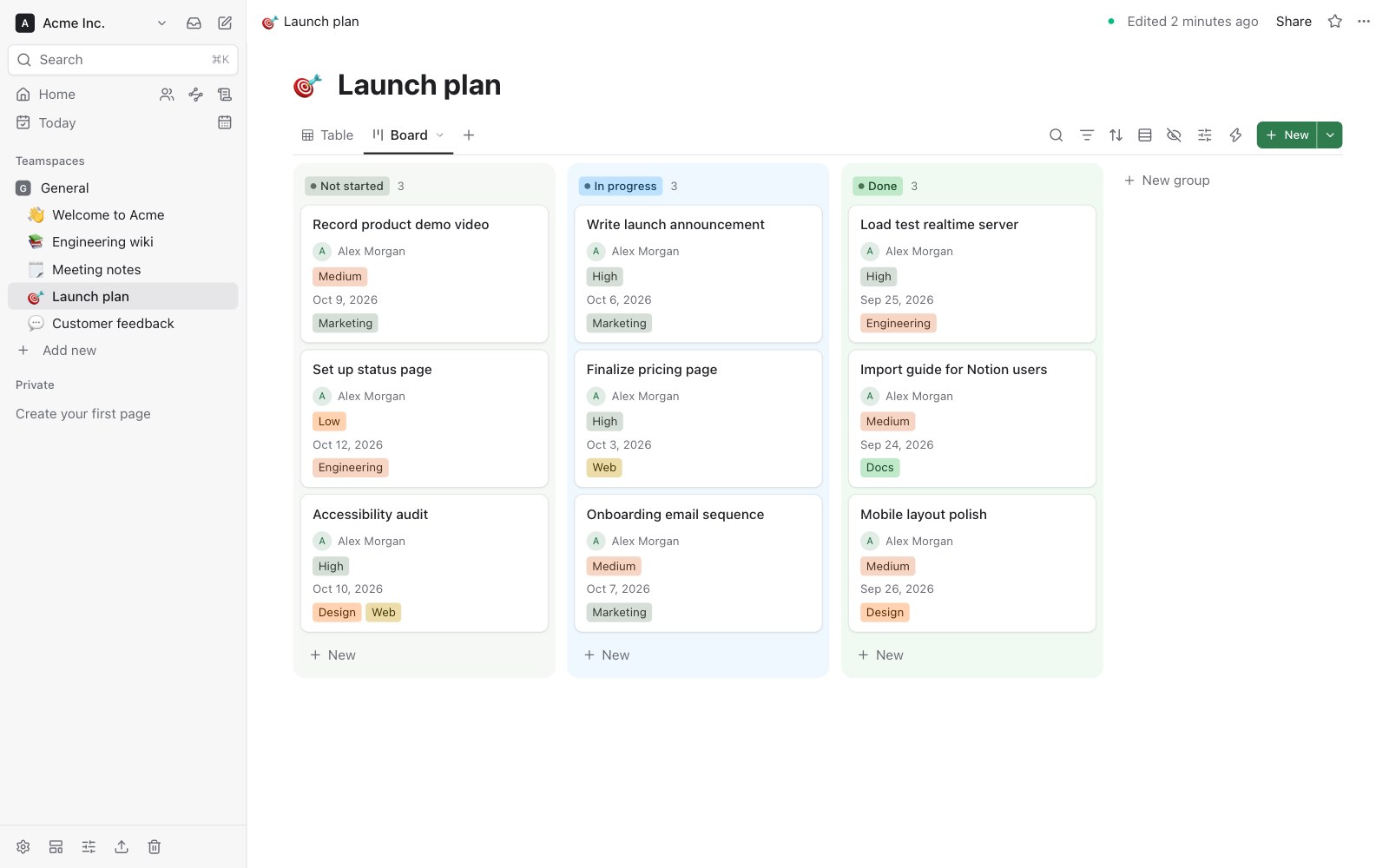 A Leafdesk database shown as a board with Not started, In progress and Done columns, and the workspace's pages in the sidebar